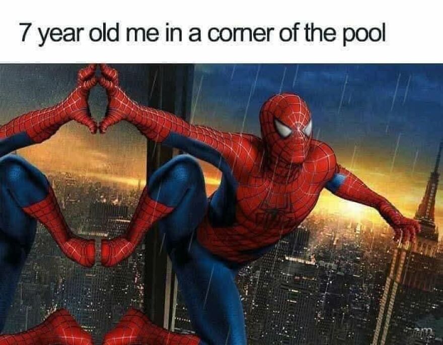 A meme with a mirror image of Spider-Man, illustrating a 90s babies memory of being a shy 7-year-old.