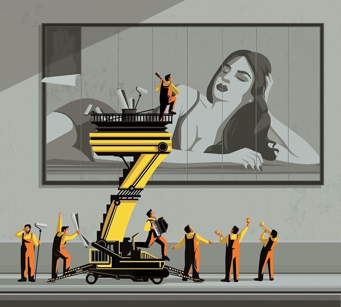 Thought-provoking illustration by Stephan Schmitz of construction workers assembling a large advertisement while musicians play.
