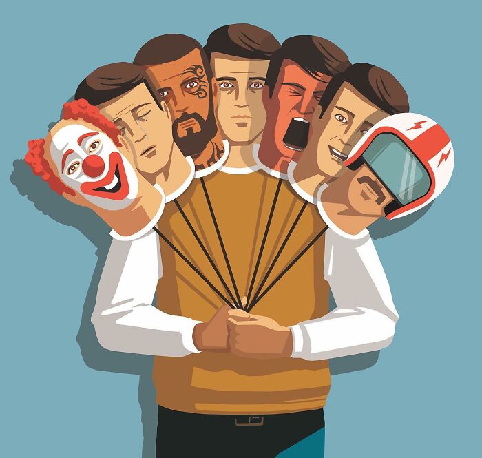 Thought-provoking illustration by Stephan Schmitz of a man holding multiple masks representing different emotions about our lives.
