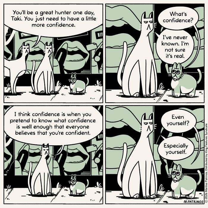 Cartoonist imagines cats with jobs, a small cat asks an older cat about confidence in a four-panel comic.