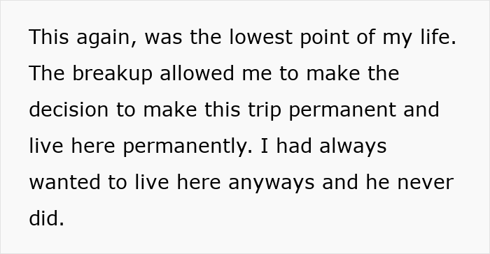 Text snippet describing a breakup as the lowest point, making a trip permanent after a man hides his baby.
