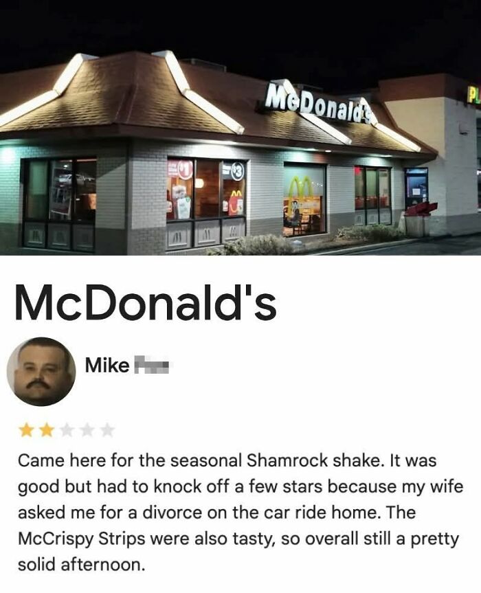 A ridiculous McDonald's review about a divorce, exemplifying America's cultural decline.