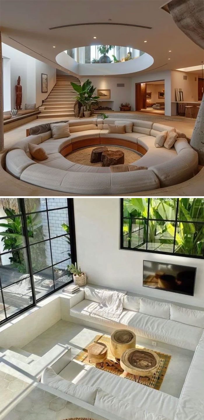 Sunken living room with a round sofa, showcasing 1970s and 1980s interior design.