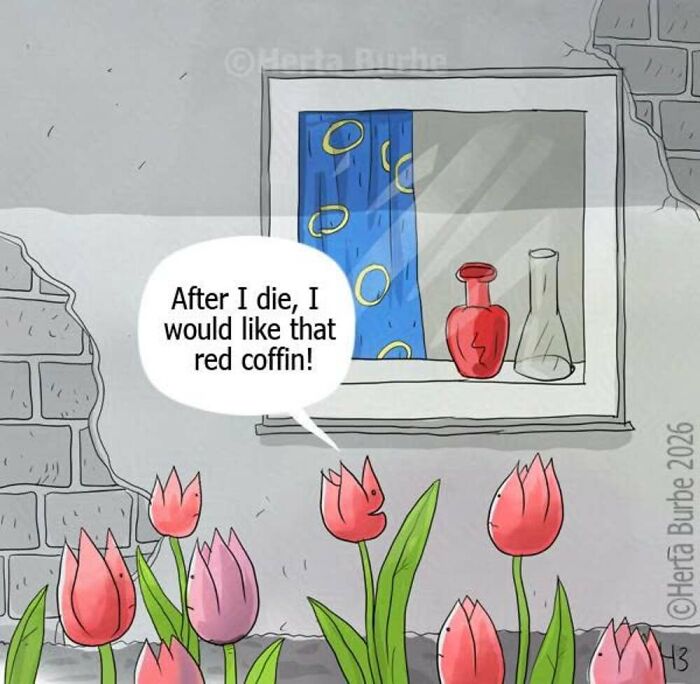 Herta Burbė comic illustration: A tulip desires a red coffin, next to a window with a red vase inside.