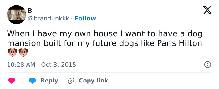 A tweet praising Paris Hilton's dog mansion and expressing desire for a similar future dog home, a celebrity renovation. A tweet praising Paris Hilton's dog mansion and expressing desire for a similar future dog home, a celebrity renovation.