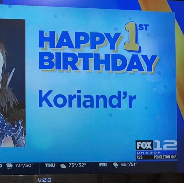 A TV screen displaying a Happy 1st Birthday message for a child named Koriand'r, highlighting unusual names for children.
