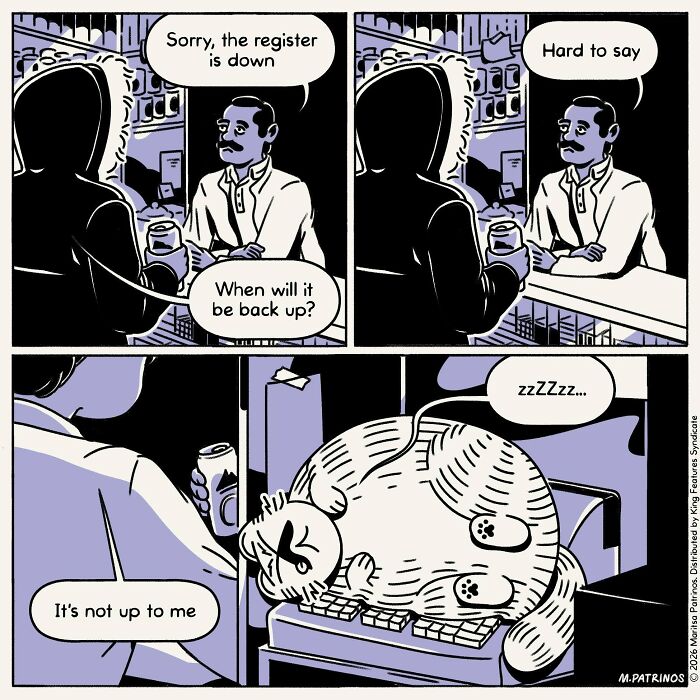 Cartoonist imagines cats with jobs, a customer asks a cashier about a down register while a cat sleeps on the keyboard.