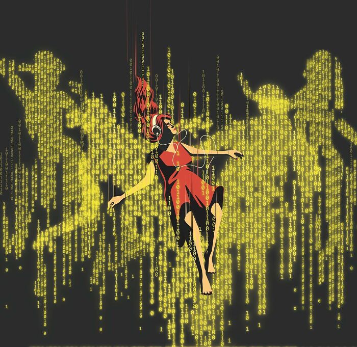 Thought-provoking illustration by Stephan Schmitz of a woman floating amidst falling binary code, with silhouettes in the background.