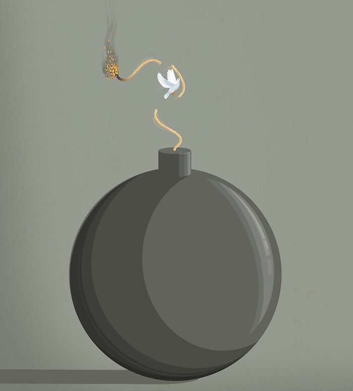 Stephan Schmitz illustration of a dove replacing the fuse of a b**b, symbolizing peace.