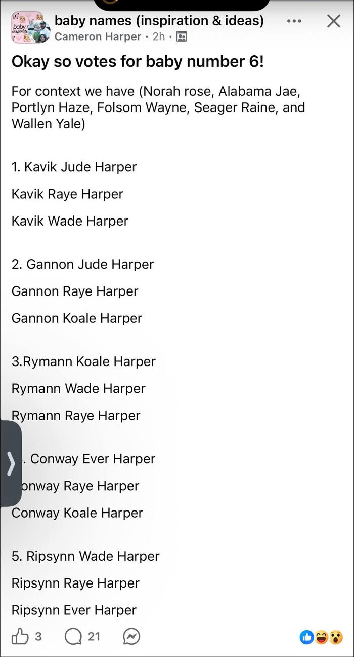 A social media post asking for votes on baby number 6, listing multiple abominable name options like Kavik Jude Harper.