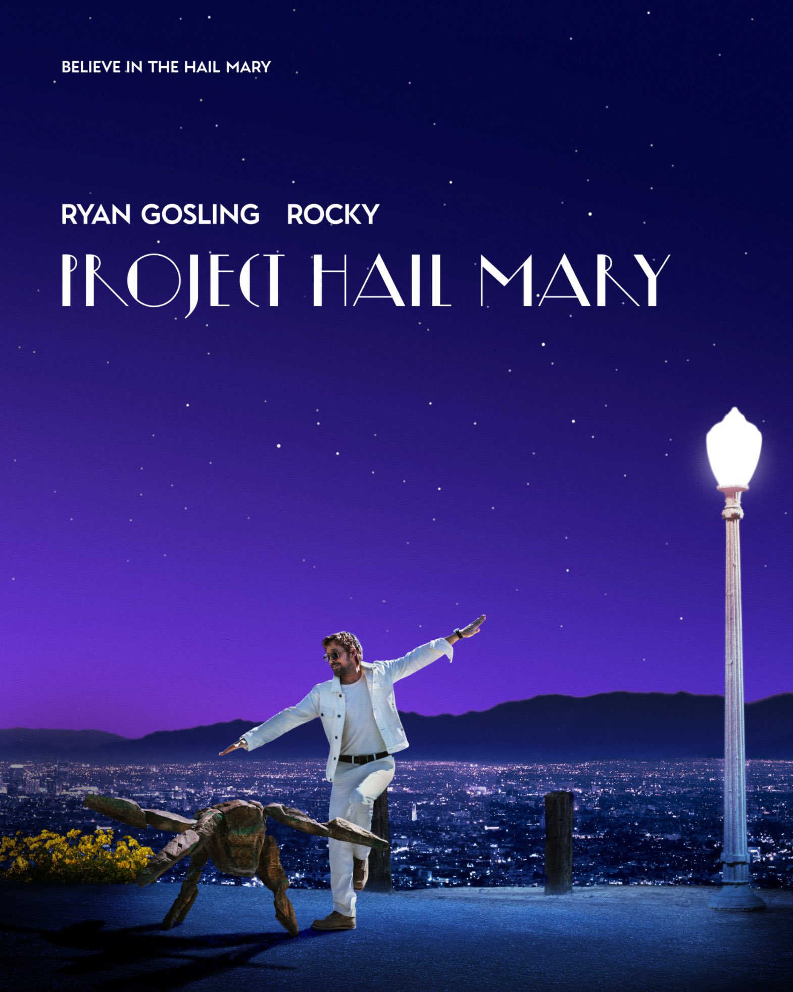 Project Hail Mary movie poster featuring Ryan Gosling and Rocky with the title Project Hail Mary against a cityscape at night.
