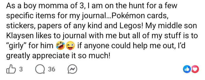 A Facebook post from a boy momma mentioning her son Klayse and looking for items for his journal.