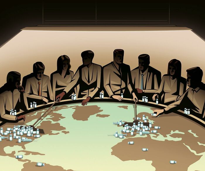 Thought-provoking illustrations by Stephan Schmitz: Business professionals around a global map, with syringes marking locations.