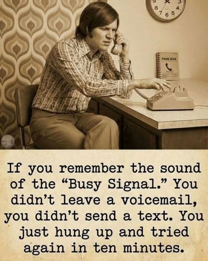 A Gen X meme with a man on a rotary phone and text about the busy signal and no voicemail.