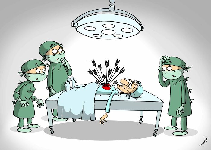 A satirical illustration of surgeons perplexed by a patient with many arrows in his chest, reflecting modern society's issues.