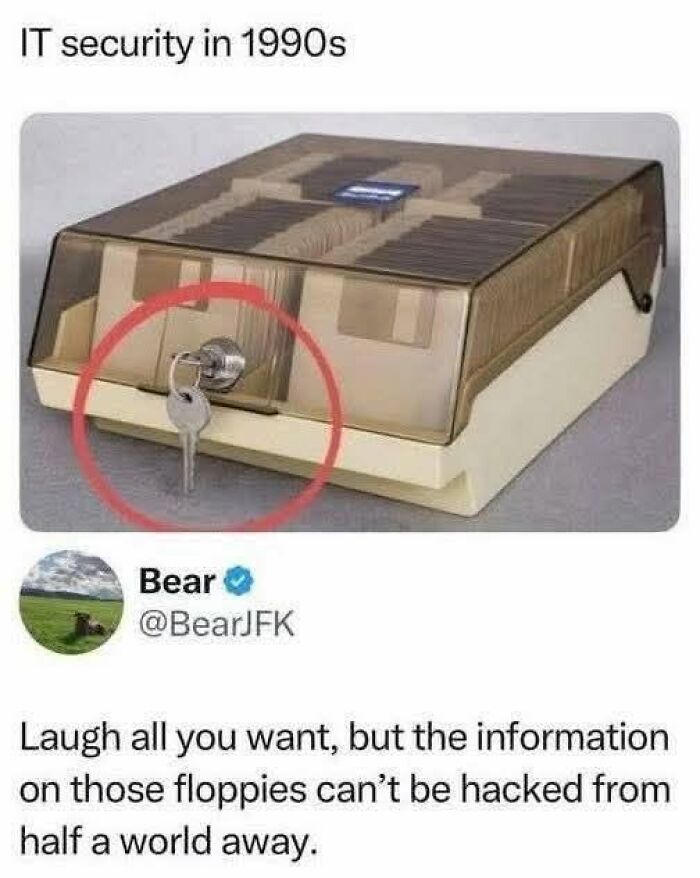 A Gen X meme about 1990s IT security, showing a locked floppy disk holder.