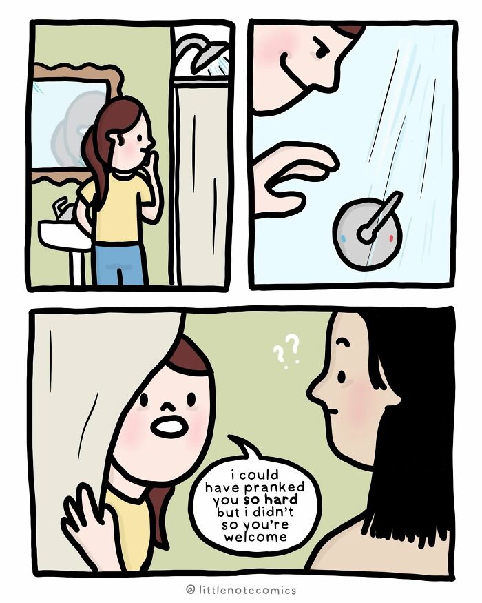 A comic featuring relationship quirks where one person almost pranked the other in the shower but decided not to.