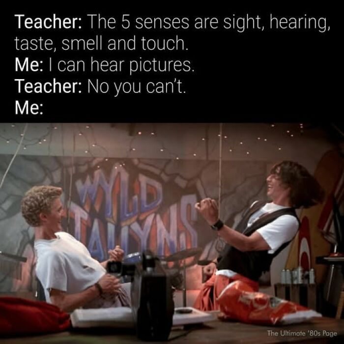 A Gen X meme showing two men dancing, with text about hearing pictures.