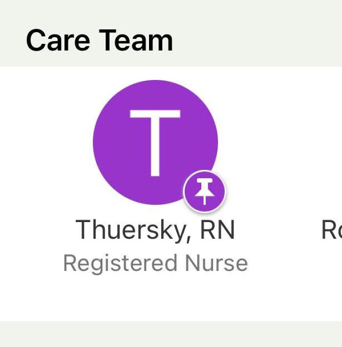 A screenshot showing a medical care team member with the name Thersky, RN, an example of unusual baby names.
