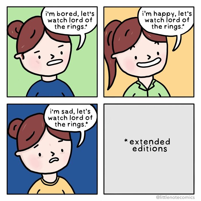 A comic featuring relationship quirks about watching The Lord of the Rings extended editions no matter the mood.