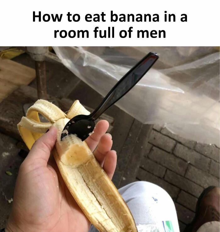 A person uses a spoon to eat a banana, creating a hilarious post from Xavier.
