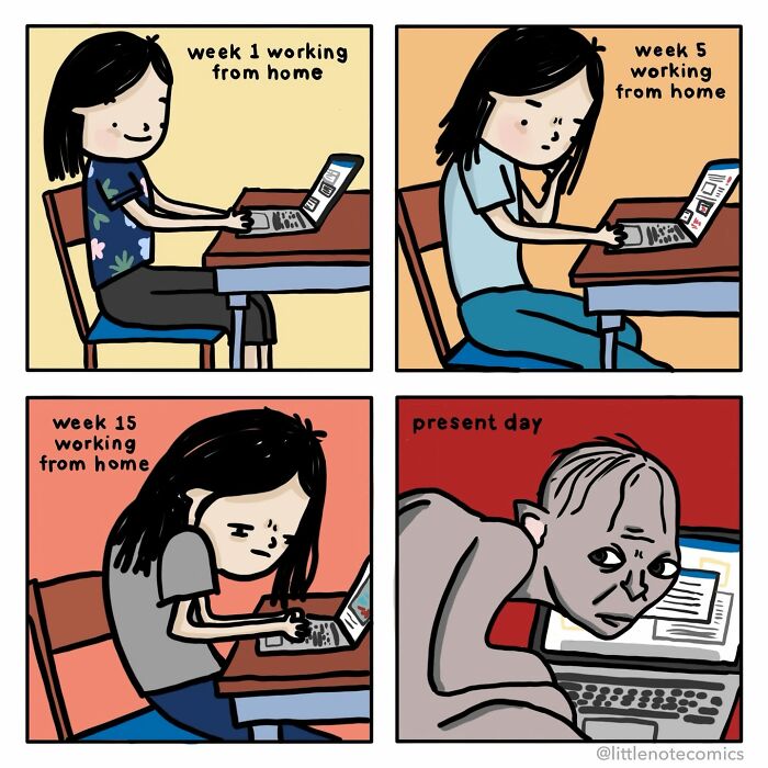 A comic featuring relationship quirks illustrating the transformation of someone working from home over time.