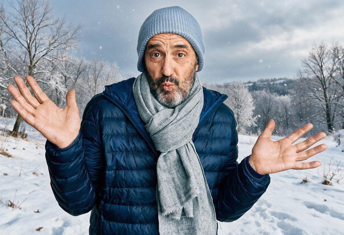 A man shrugging in the snow, illustrating a Saudi dad refusing an Arctic tour. A man shrugging in the snow, illustrating a Saudi dad refusing an Arctic tour.