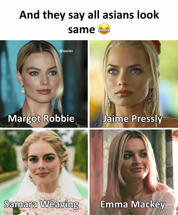 A collage of four blonde actresses: Margot Robbie, Jaime Pressly, Samara Weaving, and Emma Mackey, in hilarious posts from Xavier.
