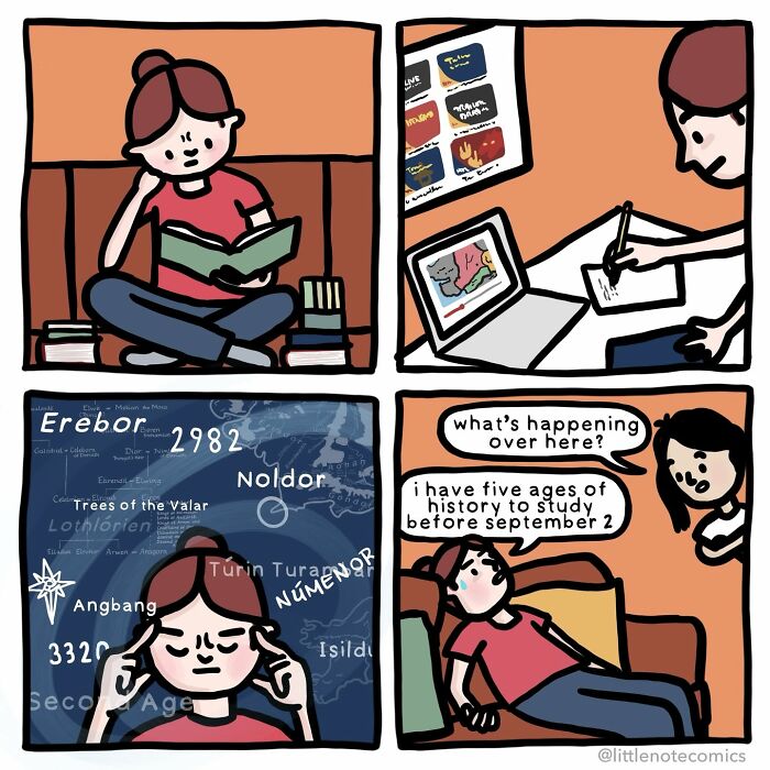An artist illustrates a comic about relatable relationship quirks, showing a person studying intensely while another asks what's happening.
