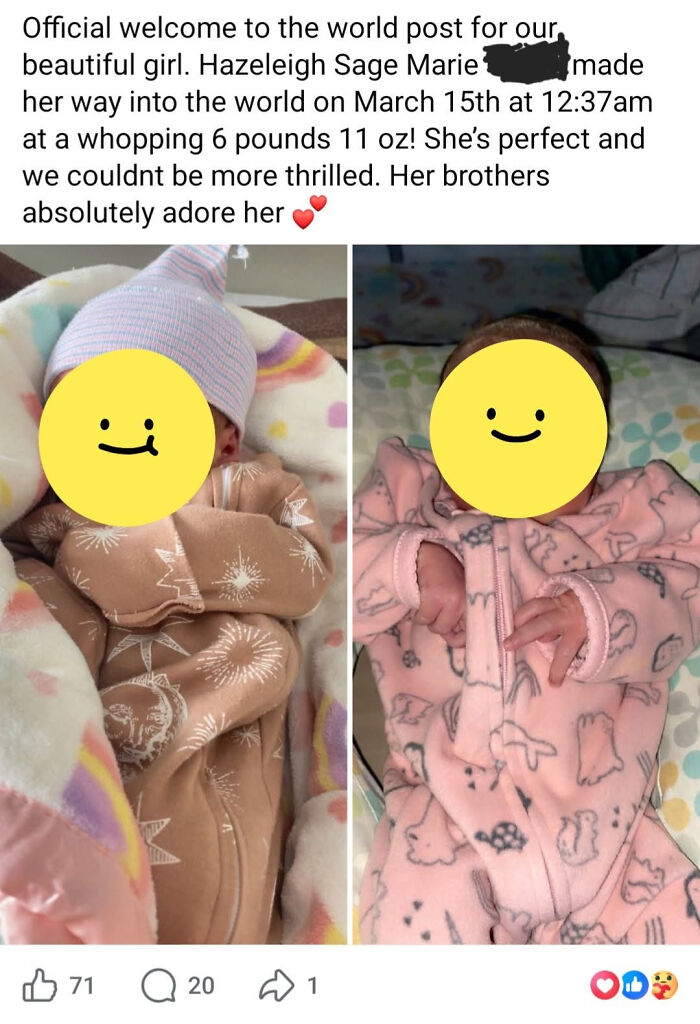 Two images of a newborn baby, with a post announcing the unusual baby name Hazelleigh Sage Marie.