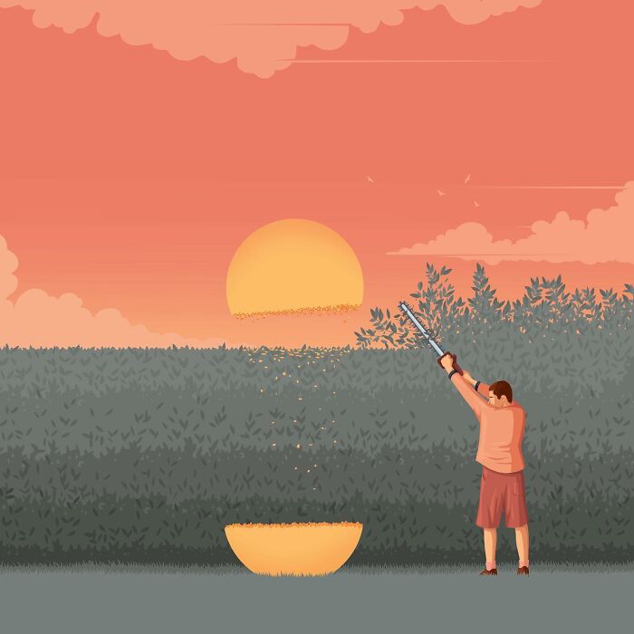 Stephan Schmitz illustration of a person trimming a bush into a bowl shape catching a sunset, depicting creativity.