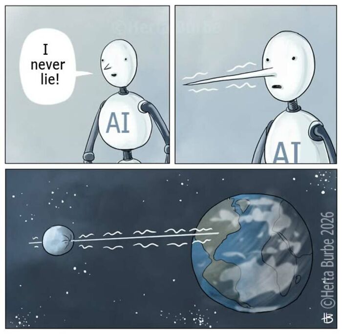 A comic by Herta Burbė showing an AI robot's nose growing like Pinocchio as it claims not to lie, reaching the moon.