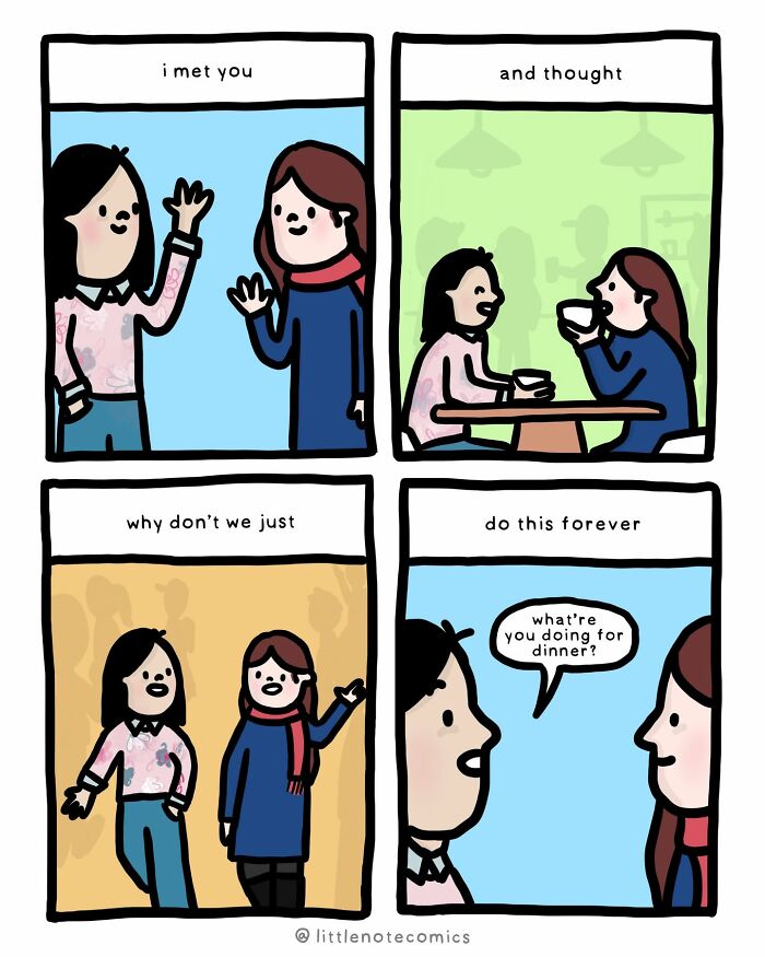 An artist illustrates cute comics about relationship quirks, depicting two people meeting, having coffee, and planning to do it forever.