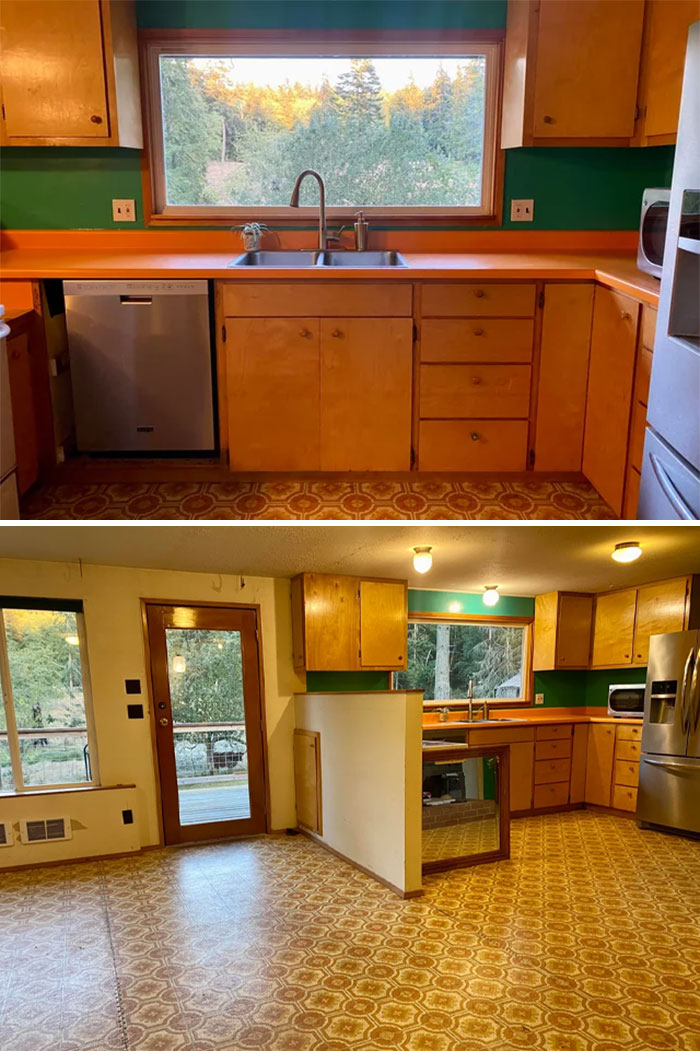 A kitchen with wood cabinets, orange counters, and patterned flooring, reflecting 1970s and 1980s interior design.