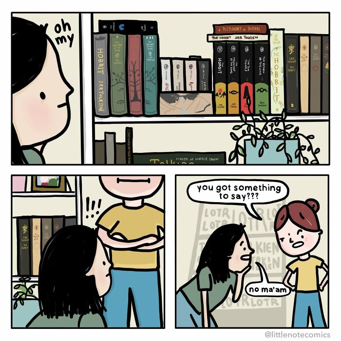 An artist illustrates comics featuring relationship quirks, with a person looking at a shelf of books and another person confronting them.