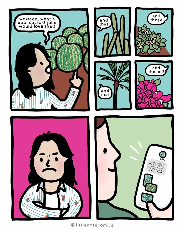 A comic featuring relationship quirks about showing someone many plants they would like, but the recipient is not amused.