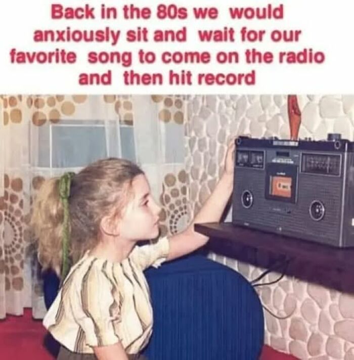 A young Gen X girl in the 80s records a song from the radio, a common memory in Gen X memes.