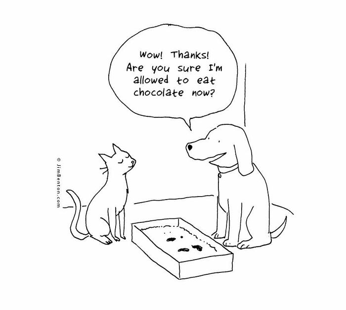 A New Yorker cartoon illustrates a dog offering a cat a treat from a litter box. The cartoon captures everyday absurdity.