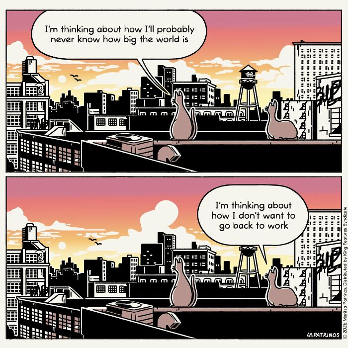 A comic showing two cats with jobs looking over a cityscape, discussing not wanting to go back to work.
