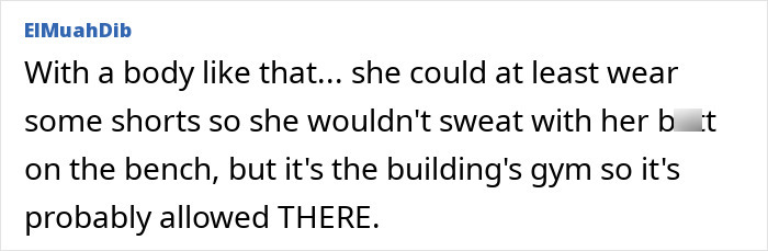Netizens comment on an influencer working out in a bikini, debating gym etiquette regarding attire.