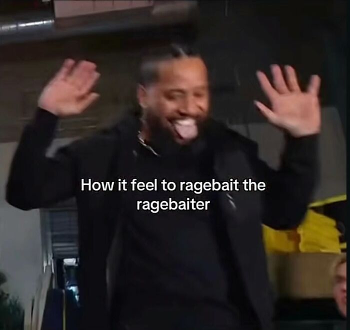 A man excitedly celebrates, sticking out his tongue and raising his hands; a relatable meme about entertaining moments.