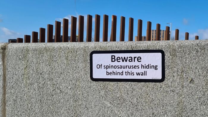 An absurd sign on a wall warning of spinosauruses hiding, with a wooden fence behind.