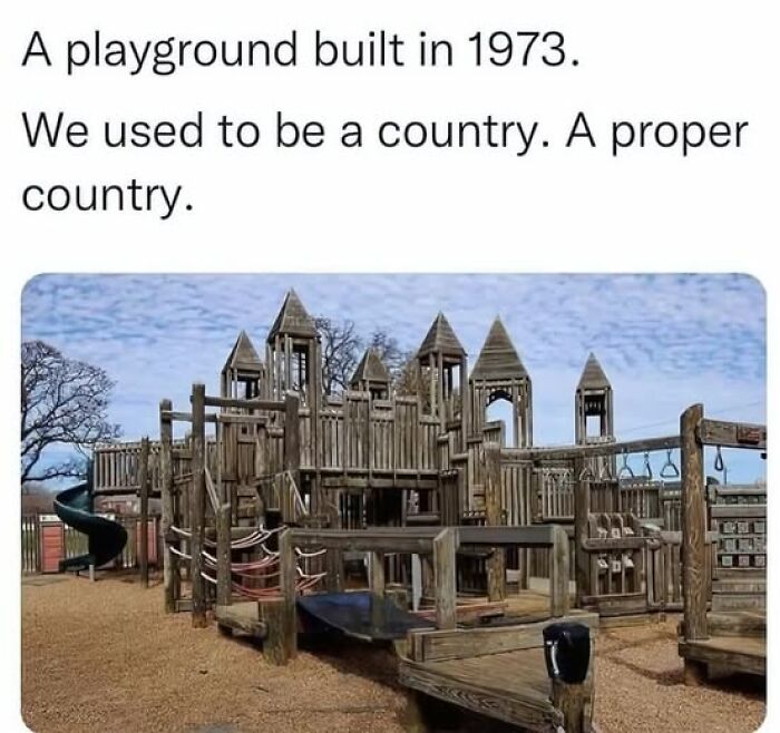A 1973 wooden playground, evoking nostalgia for Gen X memes and simpler times.