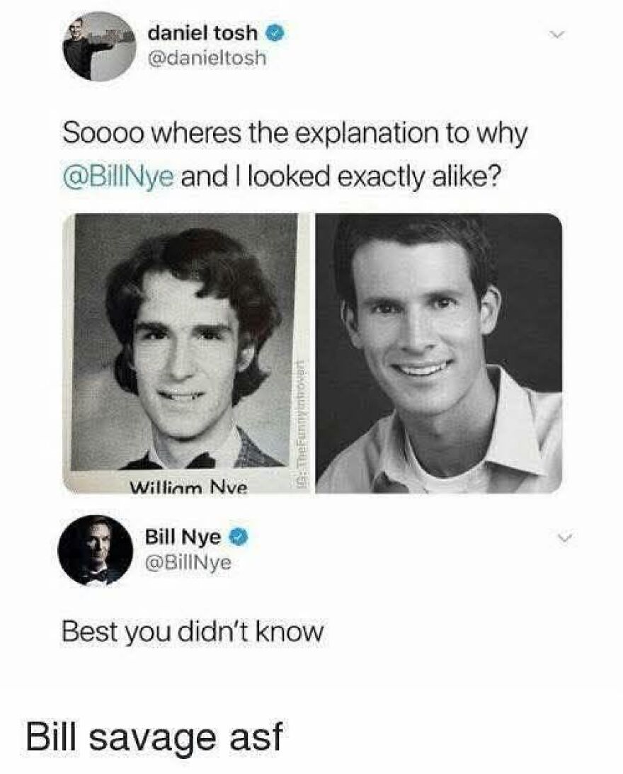 A tweet comparing Bill Nye and Daniel Tosh as young men, a 90s babies memory.