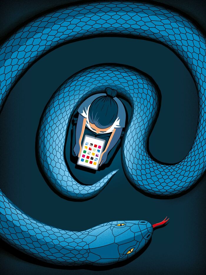 Illustration by Stephan Schmitz showing a person trapped within an @ symbol, resembling a snake, using a tablet.