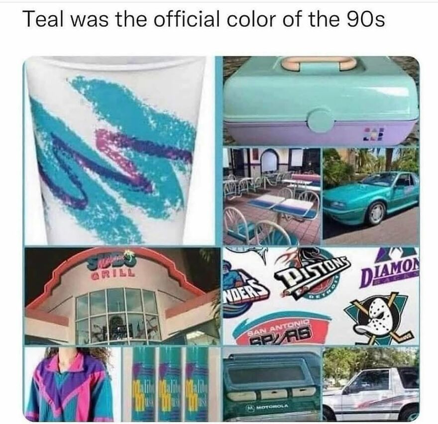 A collage for '90s babies' highlighting teal items like a Solo cup, a car, and logos from the 90s.