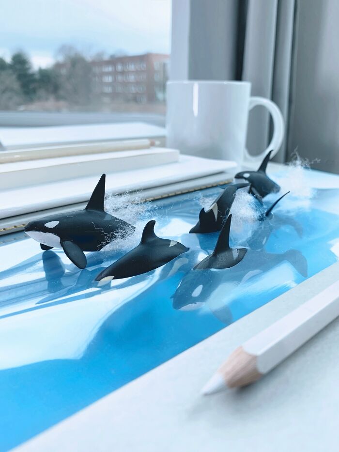Artist Derrick Lin diorama set: Orcas swimming on a blue surface, creating a dynamic desk diorama.