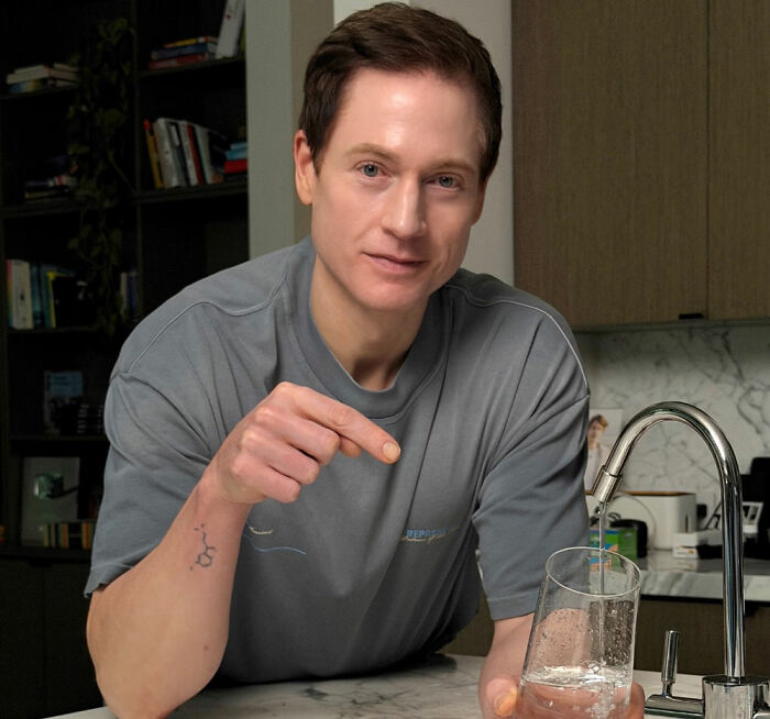 Biohacker Bryan Johnson, revealing dreadful diagnosis despite his health regimen, points to a glass of water. Biohacker Bryan Johnson, revealing dreadful diagnosis despite his health regimen, points to a glass of water.