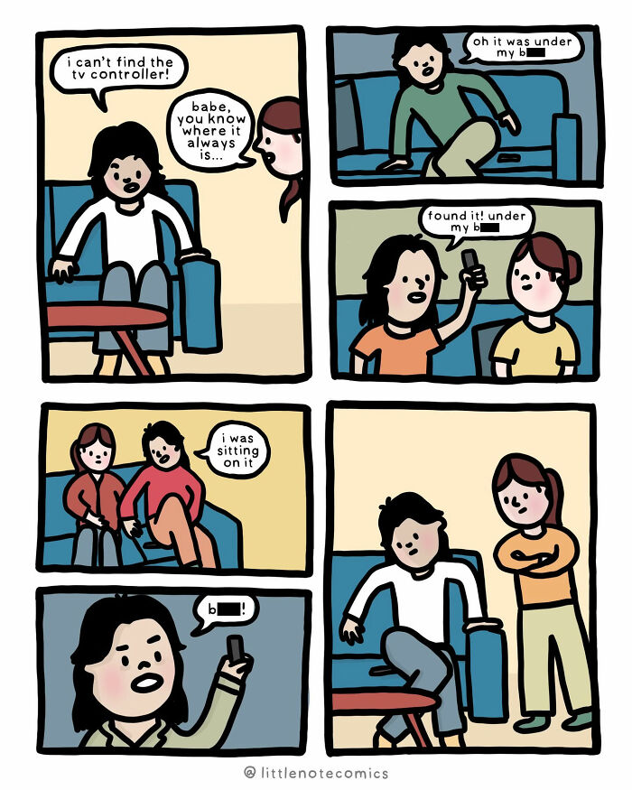 A comic illustrating relatable relationship quirks, showing a couple searching for a lost TV controller in a series of panels.