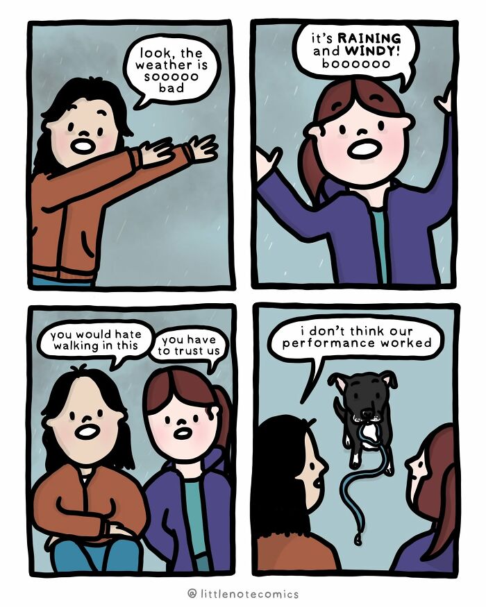 A comic depicting relatable relationship quirks, with two partners trying to convince their dog not to go out in bad weather.